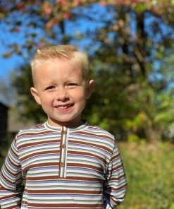 Me & Henry Striped Ribbed Henley Shirt In Brown BOYS