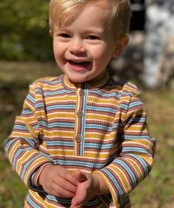 Me & Henry Striped Ribbed Henley Shirt In Mustard