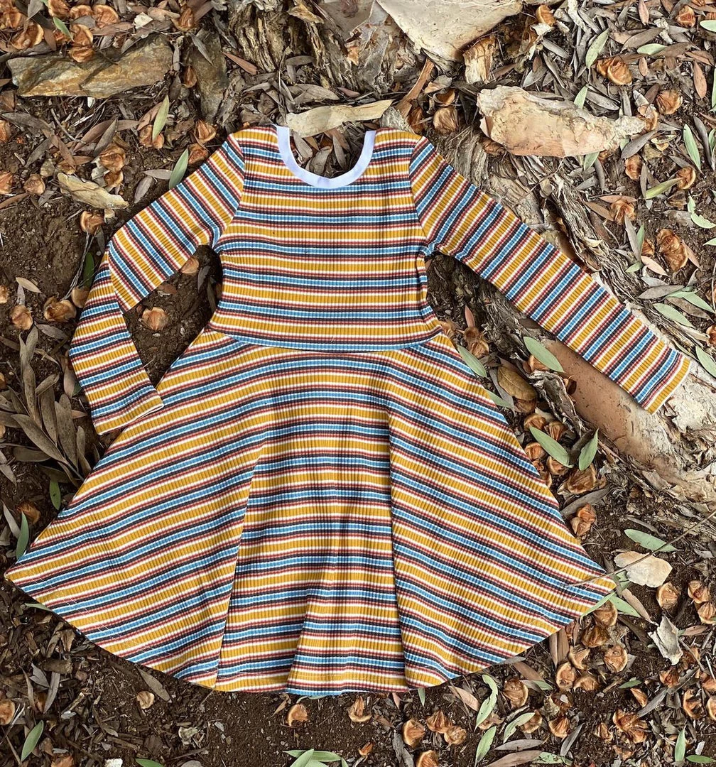Vignette GIRLS Ribbed Striped Swing Dress In Yellow Mix 1 Vignette GIRLS Ribbed Striped Swing Dress In Yellow Mix