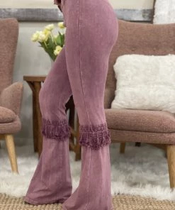 Fashiongo: Chatoyant BOTTOMS Fringed Crochet Washed Bell Bottom Flare Pants In Rose