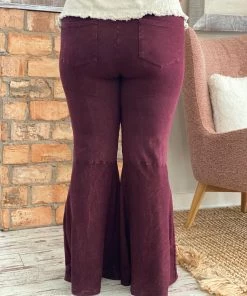 Fashiongo: Chatoyant Washed Bell Bottom Flare Pants With Pockets In Burgundy