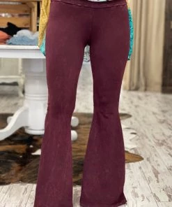 Fashiongo: Chatoyant Washed Bell Bottom Flare Pants With Pockets In Burgundy