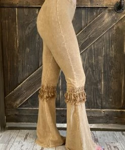 Fashiongo: Chatoyant Fringed Crochet Washed Bell Bottom Flare Pants In Camel