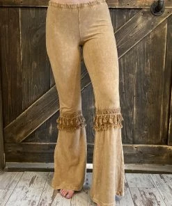 Fashiongo: Chatoyant Fringed Crochet Washed Bell Bottom Flare Pants In Camel