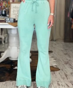 Easel BOTTOMS Washed Drawstring Bell Bottom Pants In Seafoam