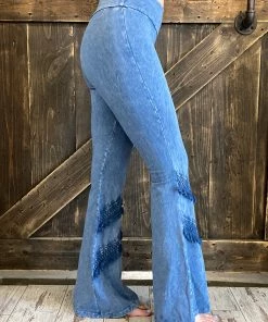 Fashiongo: Chatoyant Washed Bell Bottom Flare With Fringe In Light Denim BOTTOMS