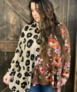 Oddi Floral & Leopard Color Block Cowl Neck Top