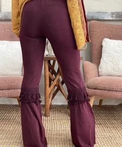 Fashiongo: Chatoyant BOTTOMS Fringed Crochet Washed Bell Bottom Pants In Burgundy