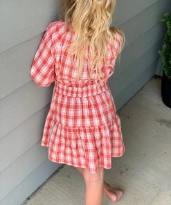 Vignette Plaid Smocked Waist Dress In Dark Coral