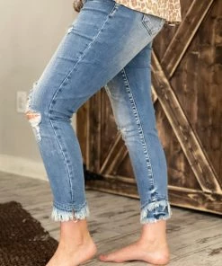 Kancan Mid Rise Distressed Asymmetric Hem Skinny Jeans BOTTOMS