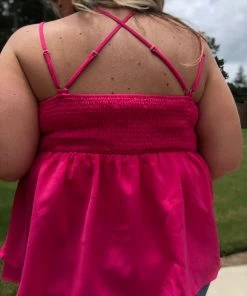 Main Strip Crochet Lace Strappy Babydoll Tank In Hot Pink