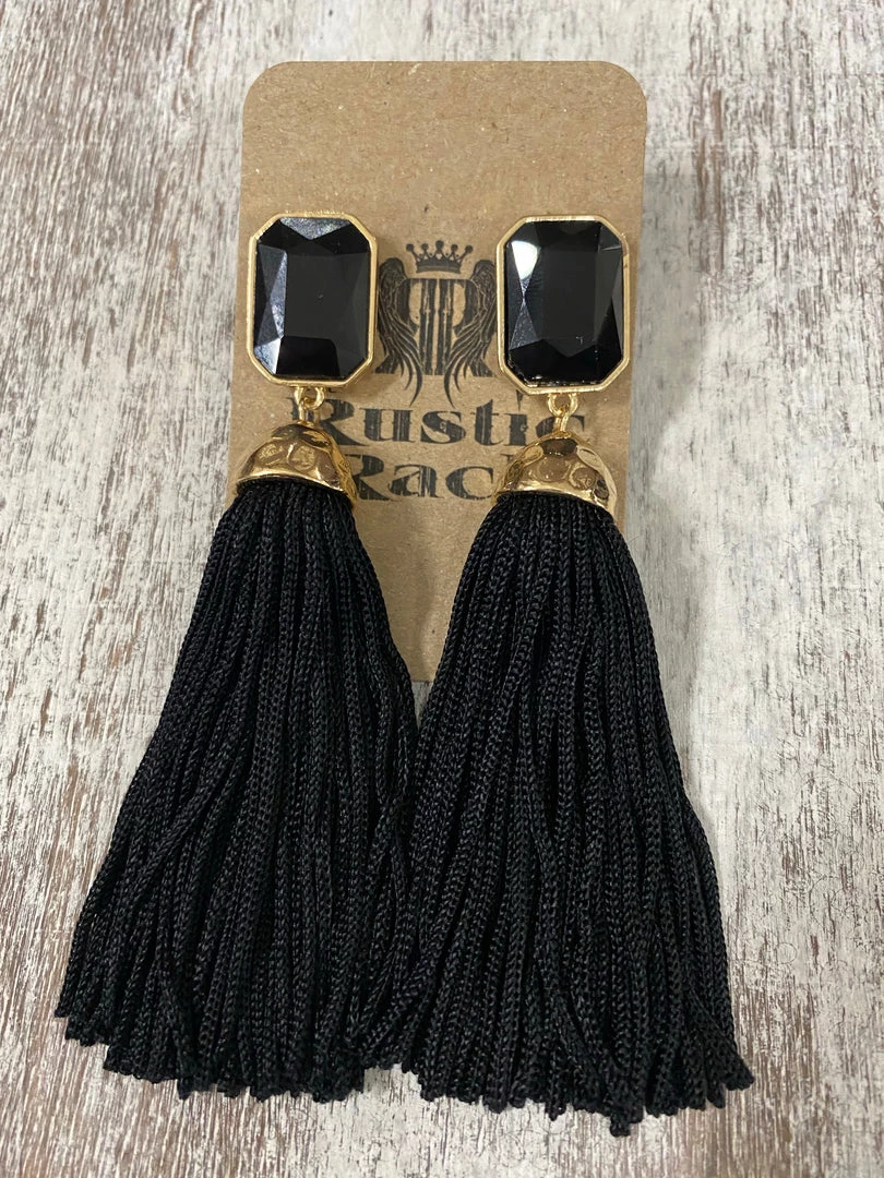Golden Stella Octagon Jewel Tassel Earrings In Black 1 Golden Stella Octagon Jewel Tassel Earrings In Black