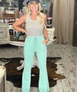 Easel BOTTOMS Washed Drawstring Bell Bottom Pants In Seafoam