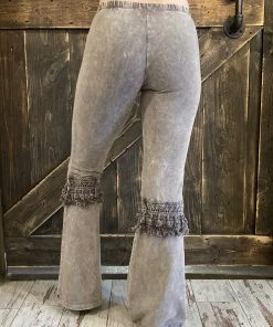 Fashiongo: Chatoyant BOTTOMS Fringed Crochet Washed Bell Bottom Flare Pants In Taupe Grey