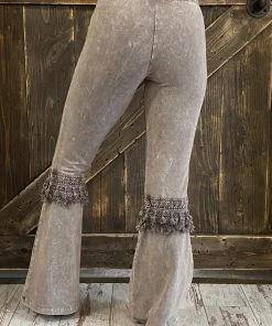 Fashiongo: Chatoyant Fringed Crochet Washed Bell Bottom Flare Pants In Desert Taupe BOTTOMS