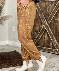 Kori America BOTTOMS Sequin Jogger Pants In Brown