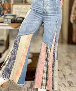 Easel Patchwork Wide Leg Bell Bottom Flare Pants BOTTOMS