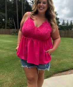 Main Strip Crochet Lace Strappy Babydoll Tank In Hot Pink