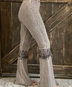 Fashiongo: Chatoyant Fringed Crochet Washed Bell Bottom Flare Pants In Desert Taupe BOTTOMS