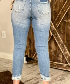 Kancan Mid Rise Distressed Asymmetric Hem Skinny Jeans BOTTOMS