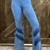Fashiongo: Chatoyant Washed Bell Bottom Flare With Fringe In Light Denim BOTTOMS