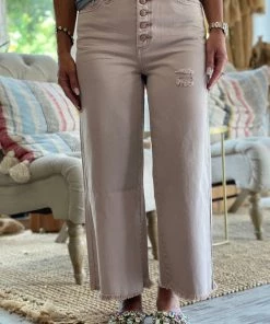 Easel Button Fly Wide Leg Pants With Raw Hem In Light Mauve BOTTOMS