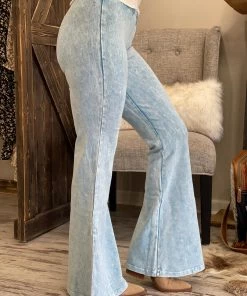 Fashiongo: Chatoyant BOTTOMS Washed Bell Bottom Flare Pants In Light Blue
