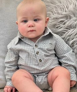 Me & Henry Grey Plaid Collared Onesie