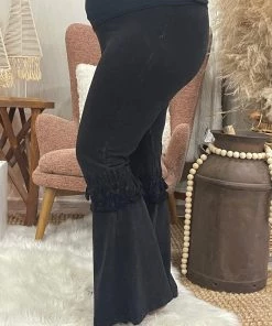 Fashiongo: Chatoyant Fringed Crochet Washed Bell Bottom Flare Pants In Black BOTTOMS