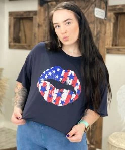 Blue Buttercup TOPS American Flag Lips Loose Fit Tee