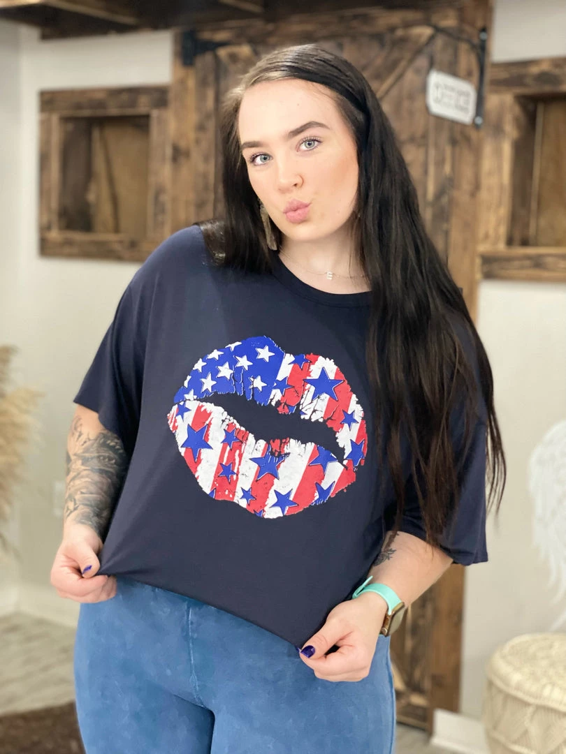Blue Buttercup TOPS American Flag Lips Loose Fit Tee 2 Blue Buttercup TOPS American Flag Lips Loose Fit Tee