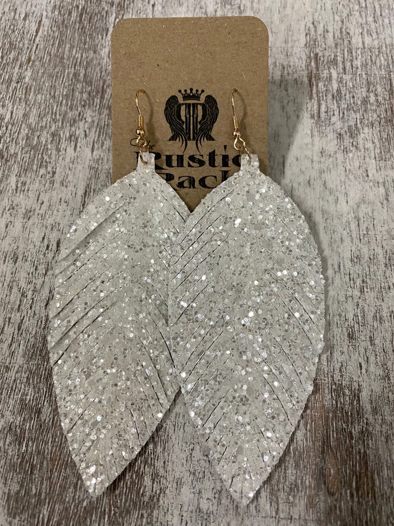 Golden Stella Glitter Leather Feather Earrings In White ACCESSORIES 1 Golden Stella Glitter Leather Feather Earrings In White ACCESSORIES