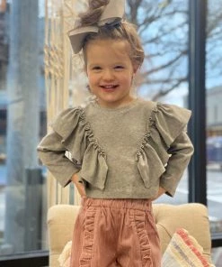 Vignette Long Sleeve Ruffle Top In Grey GIRLS