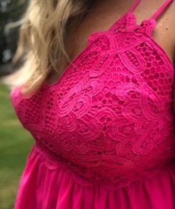 Main Strip Crochet Lace Strappy Babydoll Tank In Hot Pink
