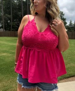 Main Strip Crochet Lace Strappy Babydoll Tank In Hot Pink