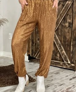 Kori America BOTTOMS Sequin Jogger Pants In Brown