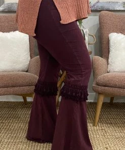 Fashiongo: Chatoyant Fringed Crochet Washed Bell Bottom Flare Pants In Burgundy
