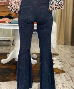 Fashiongo: Chatoyant Washed Bell Bottom Flare Pants With Pockets In Black