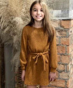 Hayden Of Los Angeles GIRLS Ribbed Hacci Knit Dress With Waist Tie