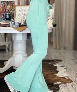 Easel BOTTOMS Washed Drawstring Bell Bottom Pants In Seafoam