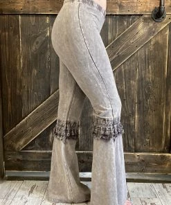Fashiongo: Chatoyant BOTTOMS Fringed Crochet Washed Bell Bottom Flare Pants In Taupe Grey