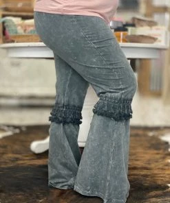 Fashiongo: Chatoyant BOTTOMS Fringed Crochet Washed Bell Bottom Flare Pants In Taupe Grey