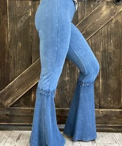 Fashiongo: Chatoyant Washed Waffle Bell Bottom Flare Pants In Light Denim BOTTOMS