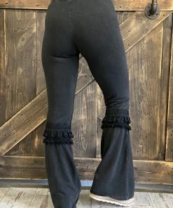 Fashiongo: Chatoyant Fringed Crochet Washed Bell Bottom Flare Pants In Black