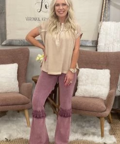 Fashiongo: Chatoyant BOTTOMS Fringed Crochet Washed Bell Bottom Flare Pants In Rose