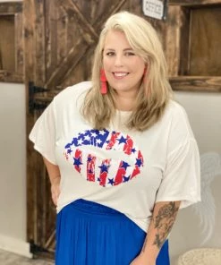 Blue Buttercup TOPS American Flag Lips Loose Fit Tee In White