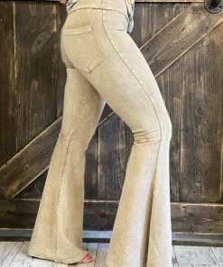 Fashiongo: Chatoyant Washed Bell Bottom Flare Pants With Pockets In Tan BOTTOMS