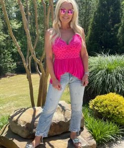 Blue B Crochet Lace Strappy Bralette Tank In Hot Pink 5 Blue B Crochet Lace Strappy Bralette Tank In Hot Pink