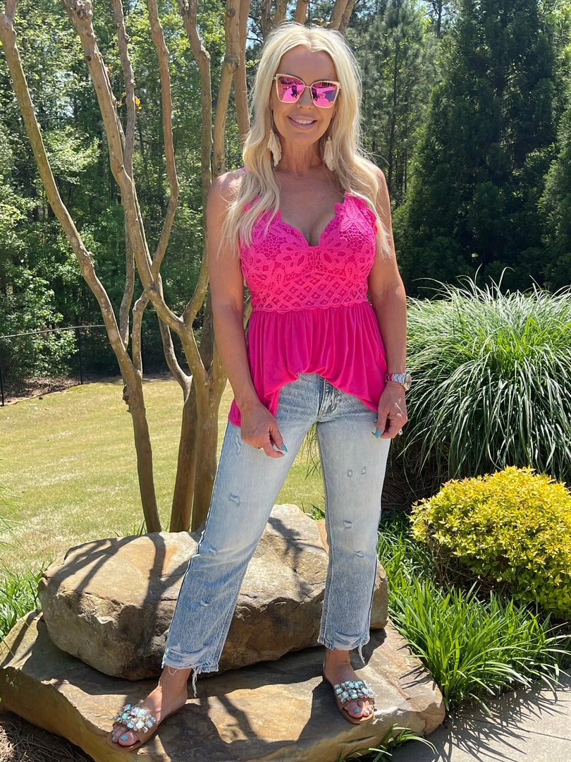 Blue B Crochet Lace Strappy Bralette Tank In Hot Pink 3 Blue B Crochet Lace Strappy Bralette Tank In Hot Pink