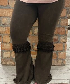 Fashiongo: Chatoyant Fringed Crochet Washed Bell Bottom Flare Pants In Brown BOTTOMS